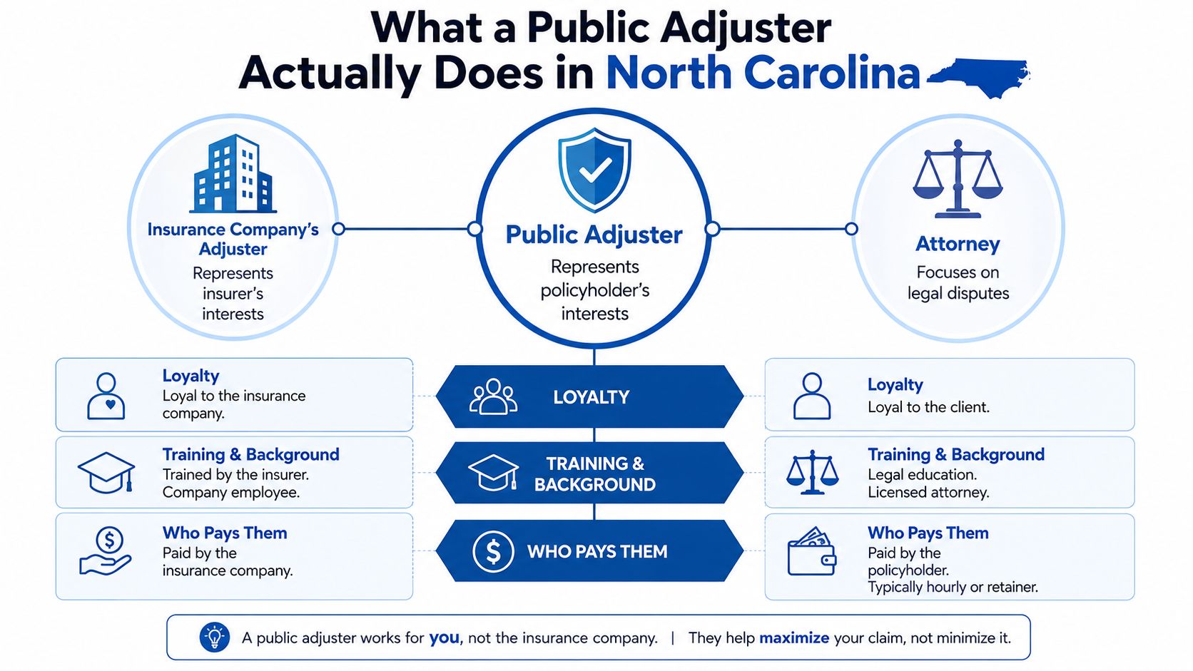 An infographic comparing the roles of a public adjuster, insurance company adjuster, and an attorney in North Carolina.