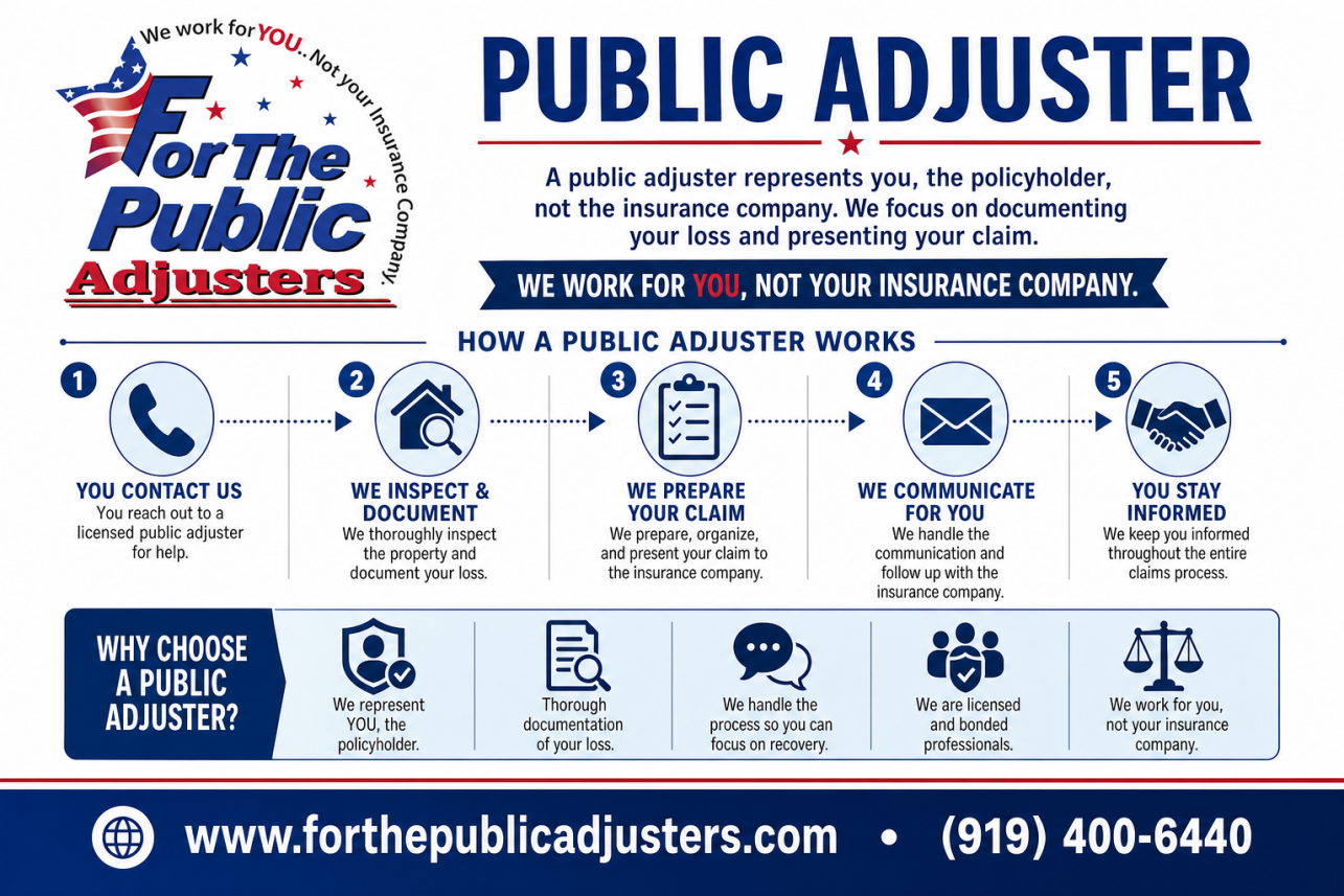 Public Adjuster Pine Level, NC Infographic — When a fire, burst pipe, fallen tree, or hurricane damages your property, your insurance company sends its own adjuster. That adjuster is paid by the carrier, a.