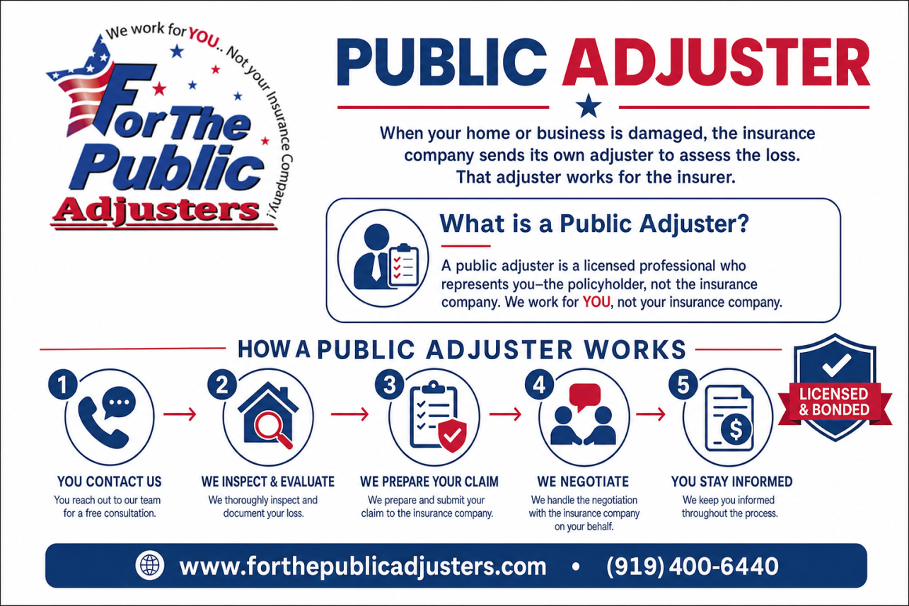 Public Adjuster Princeton Infographic — When your home or business is damaged, the insurance company sends its own adjuster to assess the loss. That adjuster works for the insurer. A public adjuster i.