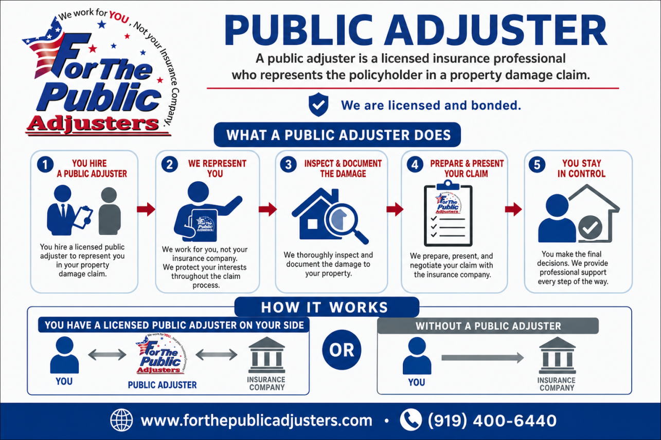 Public Adjuster Rougemont, NC Infographic — A public adjuster is a licensed insurance professional who represents the policyholder in a property damage claim. Your insurance company sends its own adjuster.