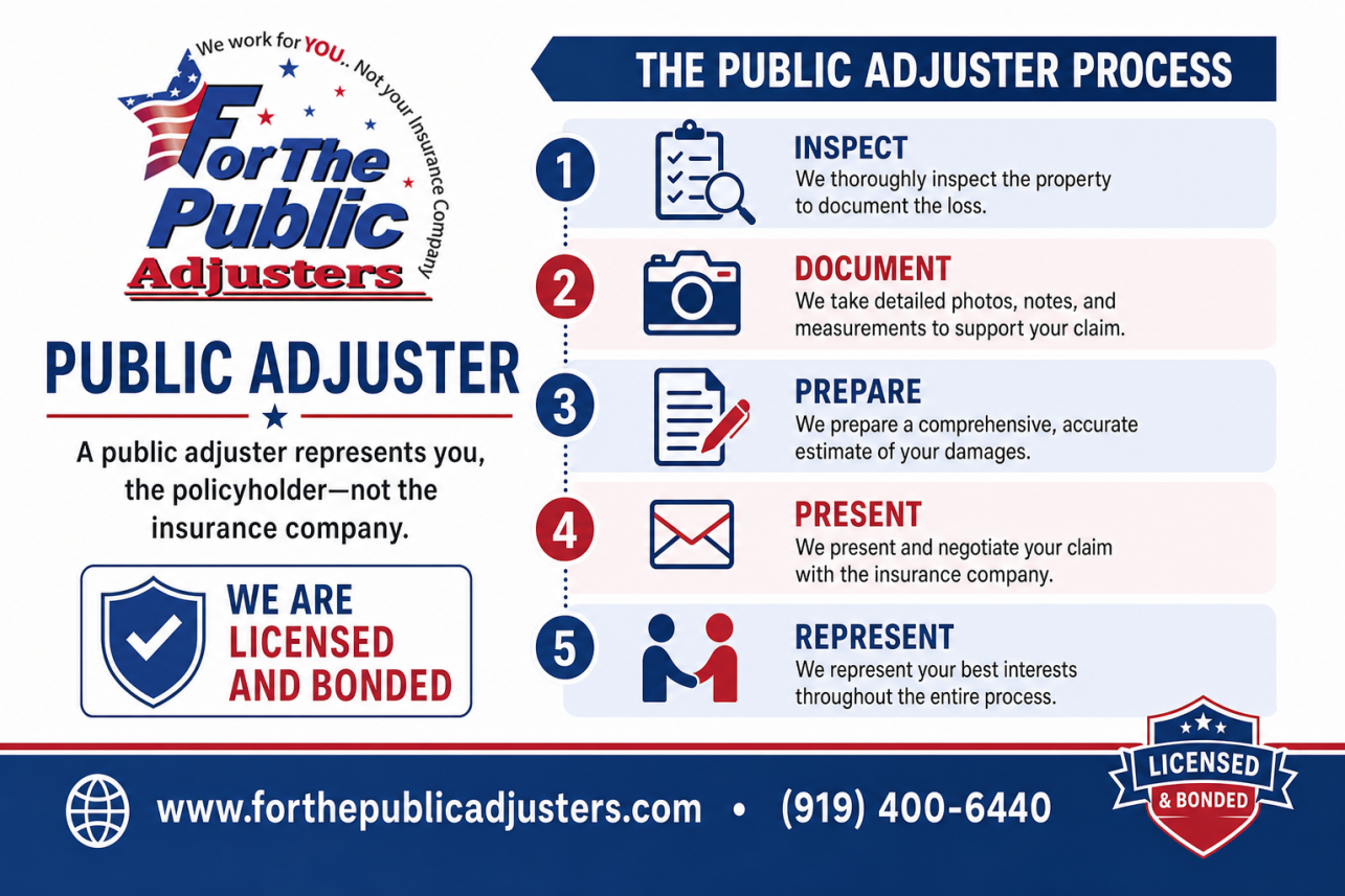 Public Adjuster Selma, NC Infographic — When your home or business is damaged, your insurance company sends its own adjuster to inspect the loss and write an estimate. That adjuster is paid by the ins.