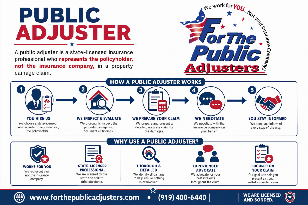 Public Adjuster NC Infographic — A public adjuster is a state-licensed insurance professional who represents the policyholder, not the insurance company, in a property damage claim.