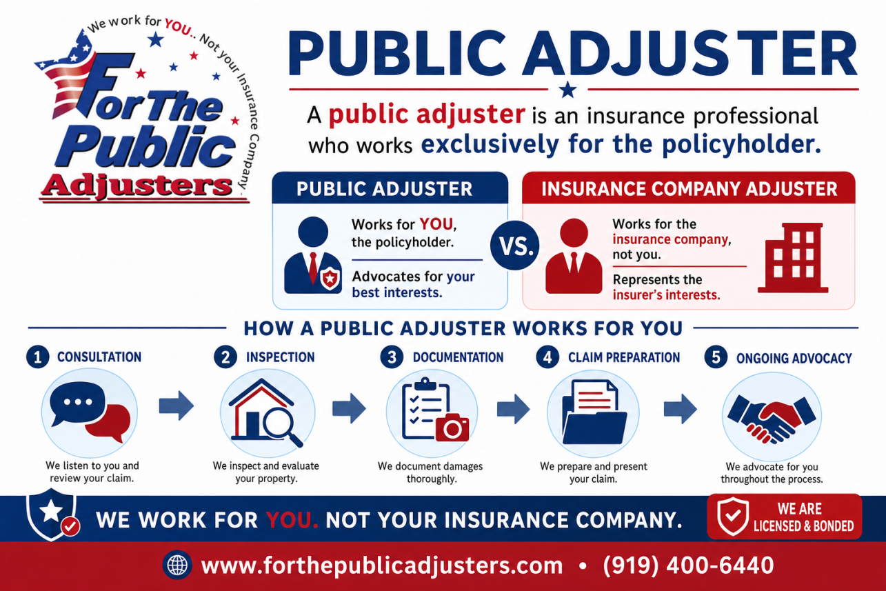 Public Adjuster Smithfield, NC Infographic — A public adjuster is an insurance professional who works exclusively for the policyholder. The adjuster your insurance company sends works for the insurer; we a.