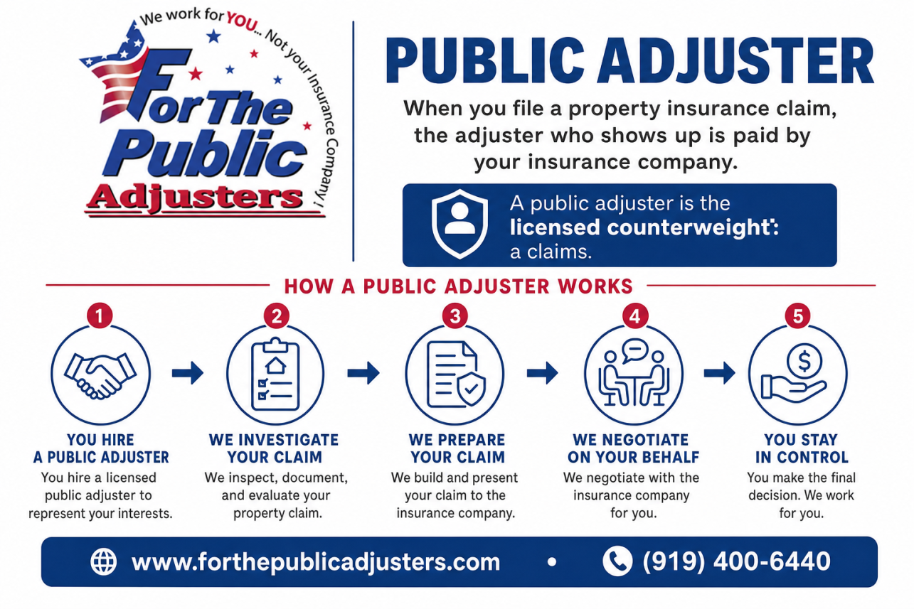 Public Adjuster Wake Forest, NC Infographic — When you file a property insurance claim, the adjuster who shows up is paid by your insurance company. A public adjuster is the licensed counterweight: a claims.