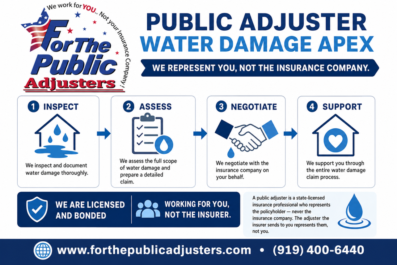 Public Adjuster Water Damage Apex, NC Infographic — A public adjuster is a state-licensed insurance professional who represents the policyholder — never the insurance company. The adjuster the insurer sends to yo.