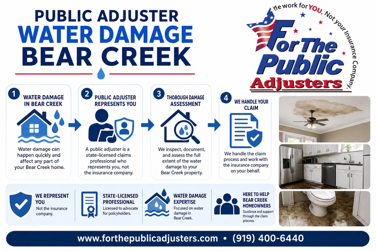 Public Adjuster Water Damage Bear Creek Infographic — A public adjuster is a state-licensed claims professional who represents the policyholder, not the insurer. When water damages your Bear Creek home, the insuran.