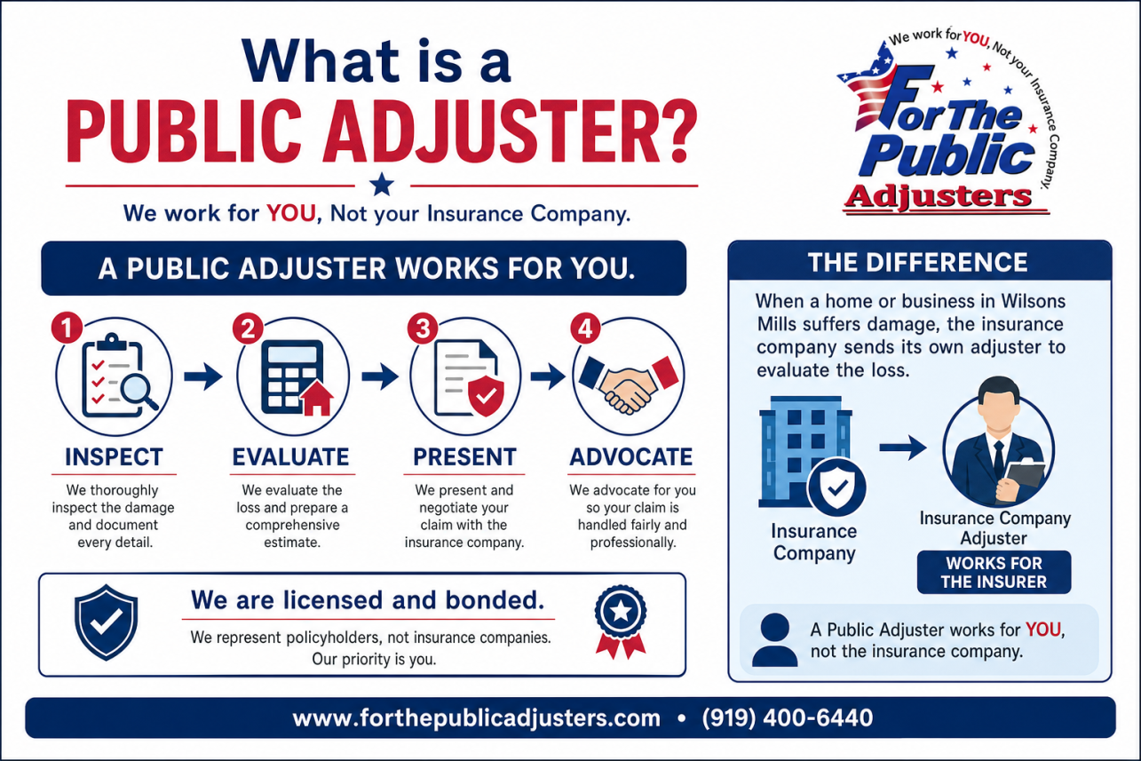Public Adjuster Wilsons Mills, NC Infographic — When a home or business in Wilsons Mills suffers damage, the insurance company sends its own adjuster to evaluate the loss. That adjuster works for the insurer.