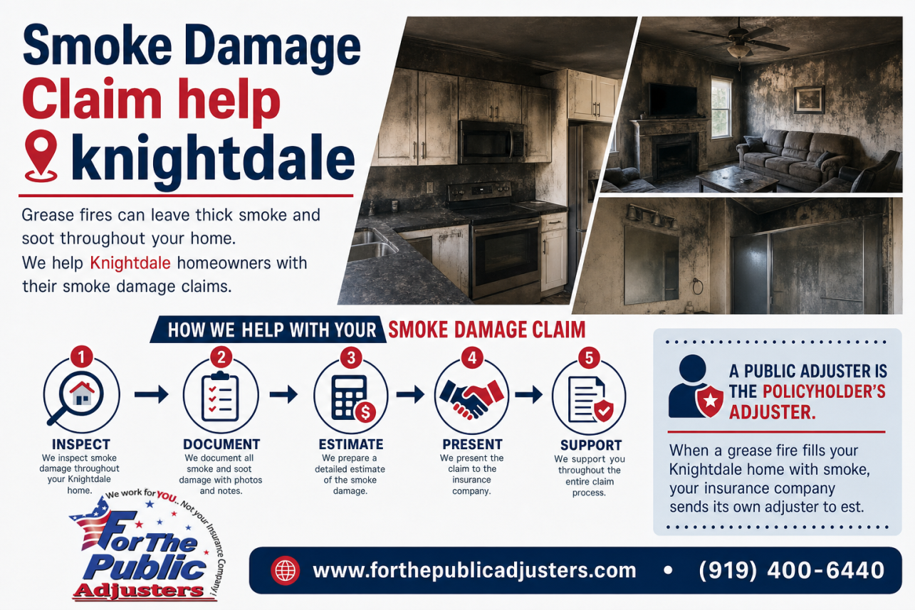 Smoke Damage Claim Help Knightdale, NC Infographic — A public adjuster is the policyholder's adjuster. When a grease fire fills your Knightdale home with smoke, your insurance company sends its own adjuster to est.