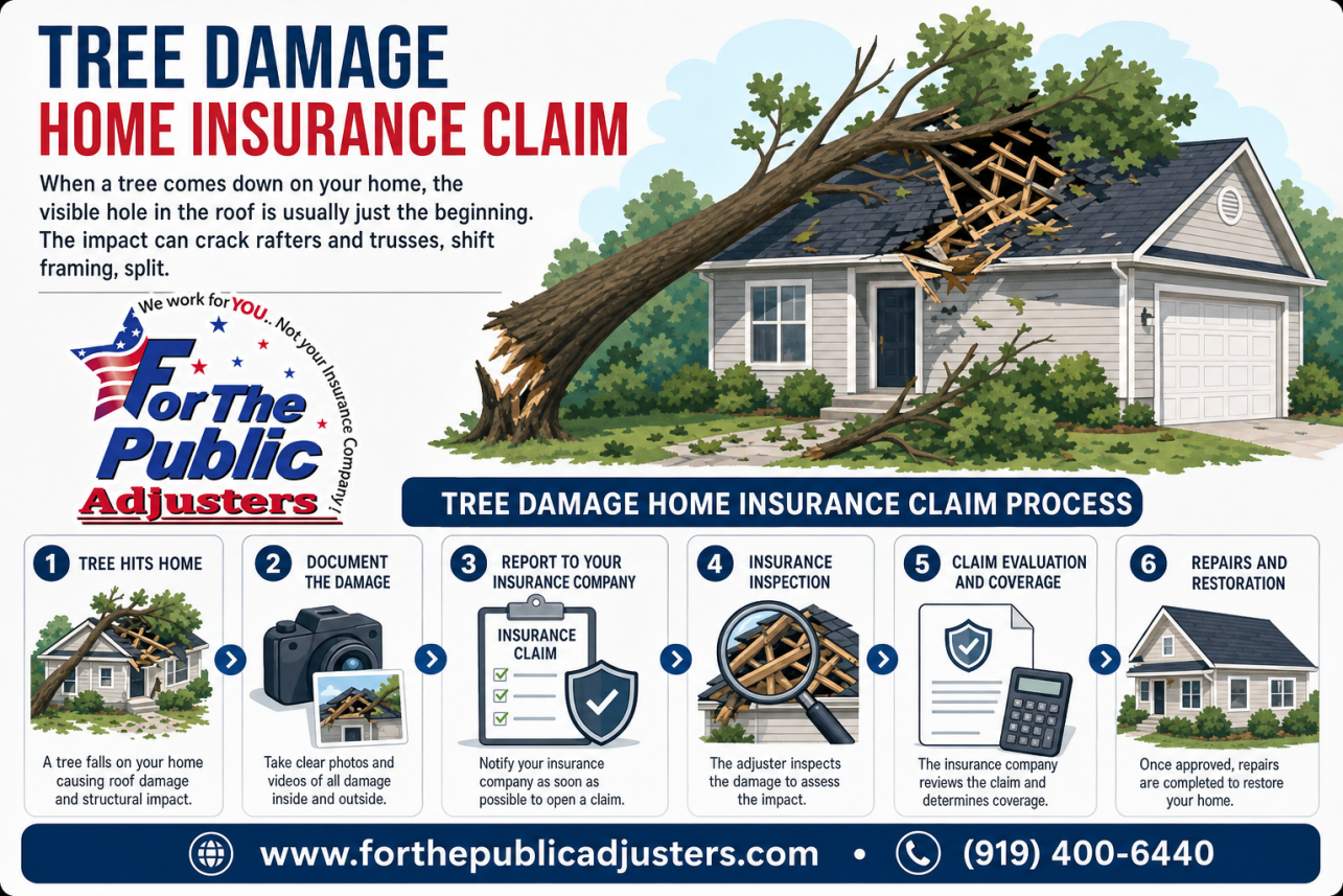 Tree Damage Home Insurance Claim Mebane Infographic — When a tree comes down on your home, the visible hole in the roof is usually just the beginning. The impact can crack rafters and trusses, shift framing, split.