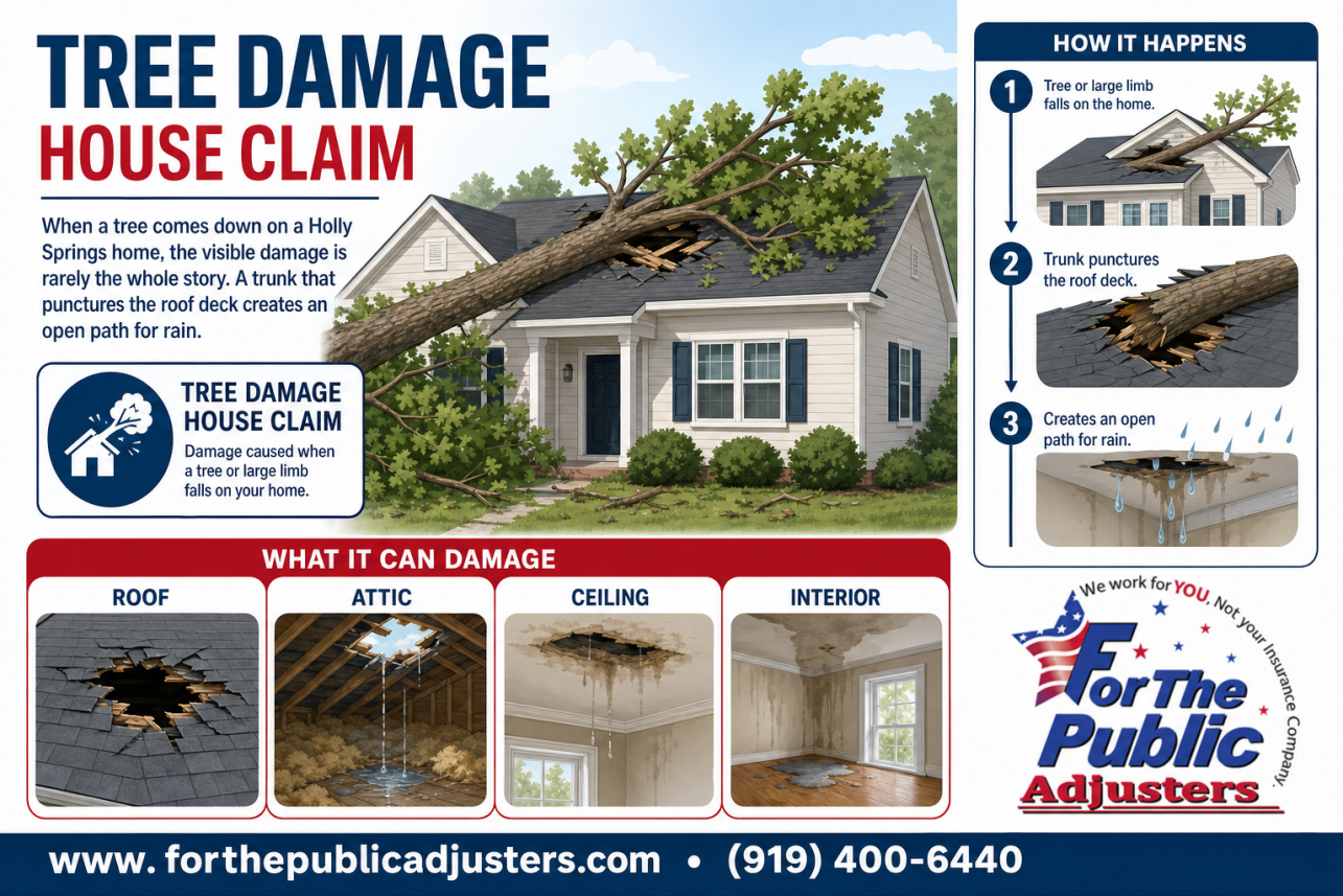 Tree Damage House Claim Holly Springs, NC Infographic — When a tree comes down on a Holly Springs home, the visible damage is rarely the whole story. A trunk that punctures the roof deck creates an open path for rain.