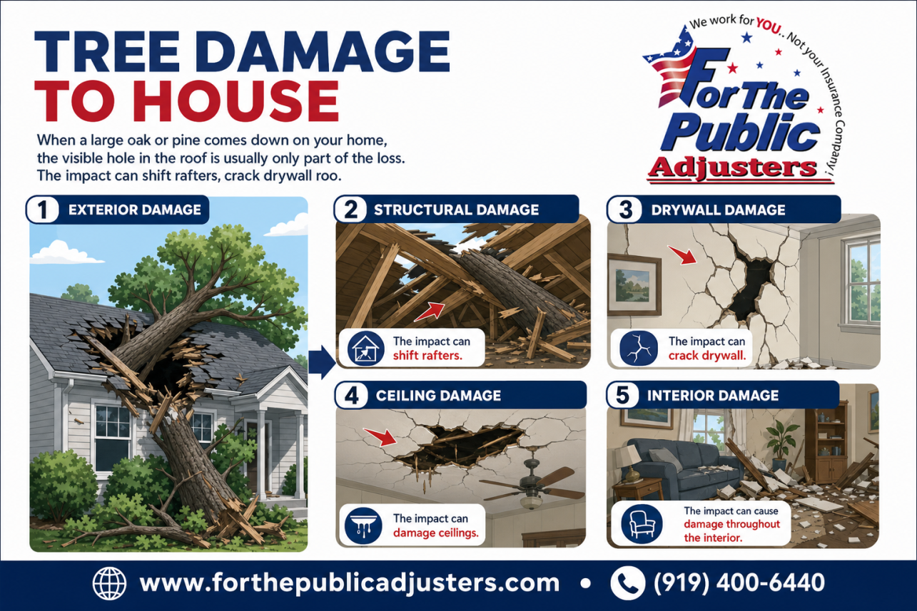 Tree Damage To House Pittsboro, NC Infographic — When a large oak or pine comes down on your home, the visible hole in the roof is usually only part of the loss. The impact can shift rafters, crack drywall roo.