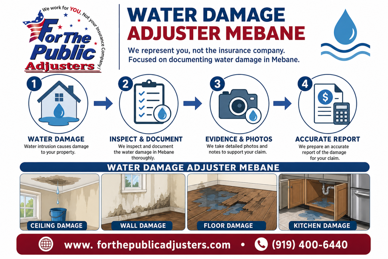 Water Damage Adjuster Mebane, NC Infographic — When water gets into your home, your insurance company sends its own adjuster to inspect the damage. That person is paid by the insurer, and the estimate they w.