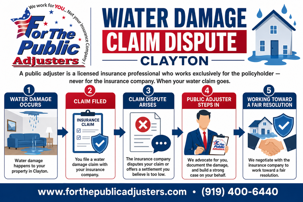 Water Damage Claim Dispute Clayton, NC Infographic — A public adjuster is a licensed insurance professional who works exclusively for the policyholder — never for the insurance company. When your water claim goes.