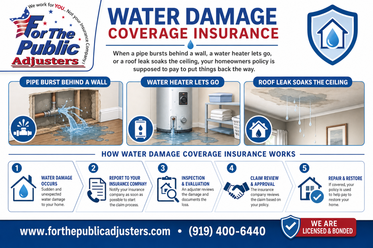 Water Damage Coverage Insurance Pittsboro Infographic — When a pipe bursts behind a wall, a water heater lets go, or a roof leak soaks the ceiling, your homeowners policy is supposed to pay to put things back the way.
