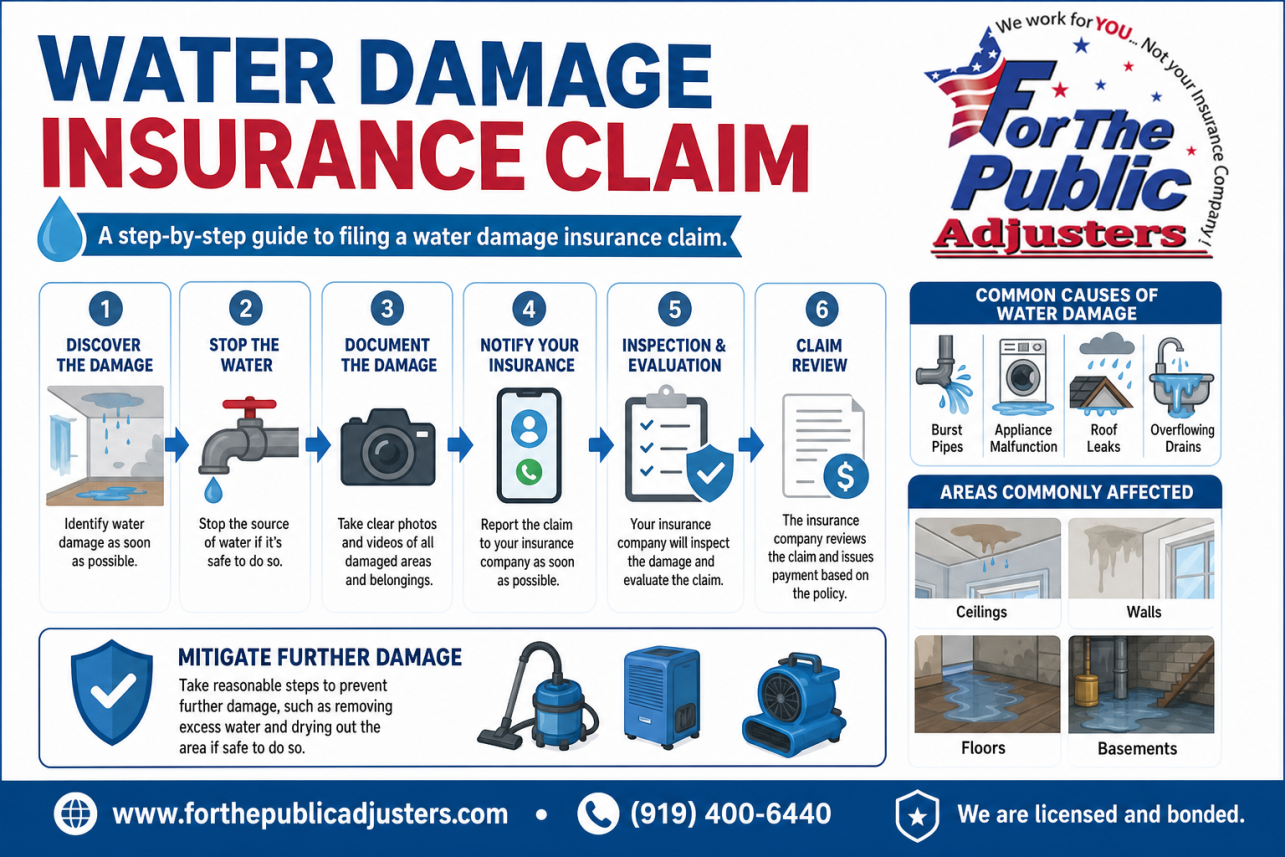 Water Damage Insurance Claim Rolesville Infographic — A public adjuster is a licensed professional who represents the policyholder in an insurance claim. When water damages your home, your insurance company sends i.