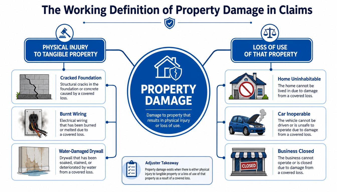 An infographic titled The Working Definition of Property Damage illustrating physical injury and loss of use.