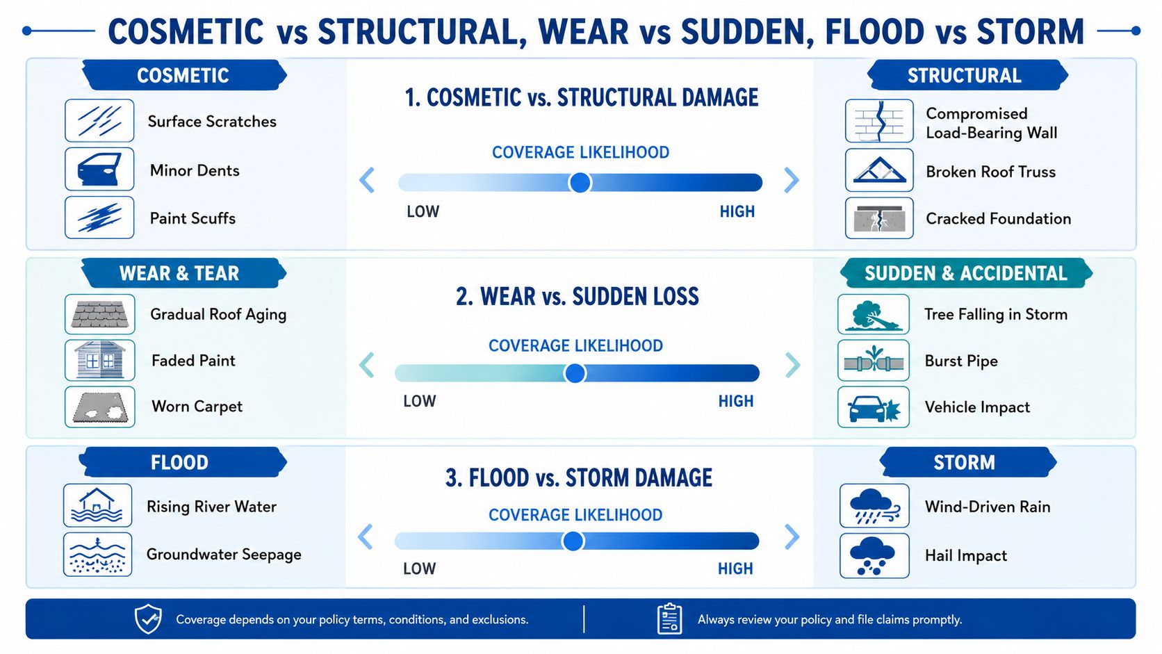 A comparison chart explaining the differences between cosmetic, structural, wear and tear, sudden loss, flood, and storm damage.