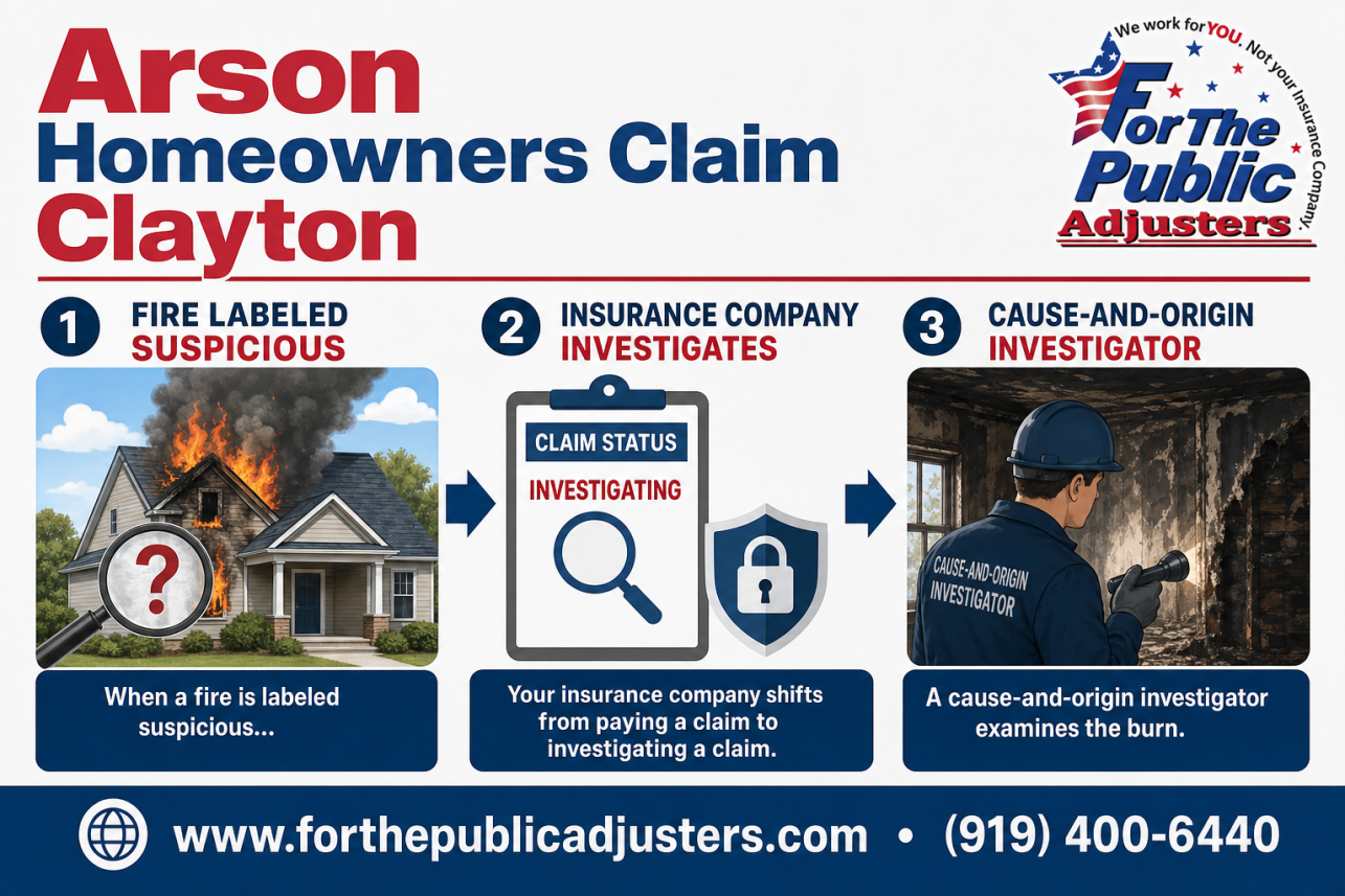 Arson Homeowners Claim Clayton Infographic — When a fire is labeled suspicious, your insurance company shifts from paying a claim to investigating a claim. A cause-and-origin investigator examines the burn.