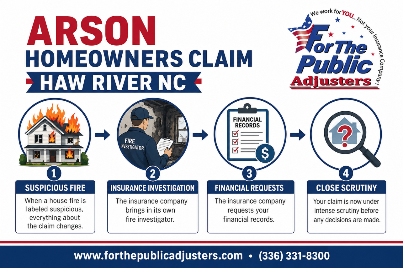 Arson Homeowners Claim Haw River NC Infographic — When a house fire is labeled suspicious, everything about the claim changes. The insurance company brings in its own fire investigator, requests your financial.