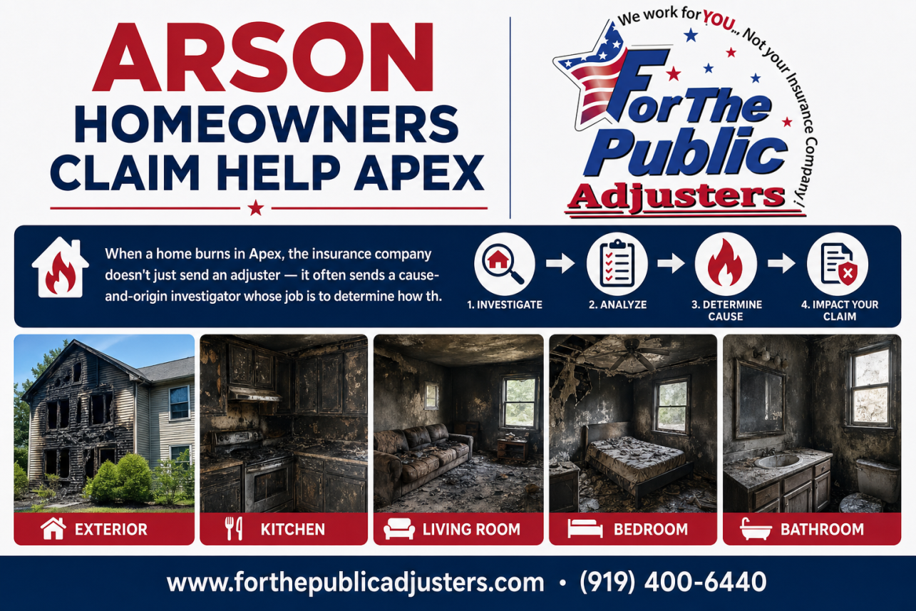 Arson Homeowners Claim Help Apex Infographic — When a home burns in Apex, the insurance company doesn't just send an adjuster — it often sends a cause-and-origin investigator whose job is to determine how th.