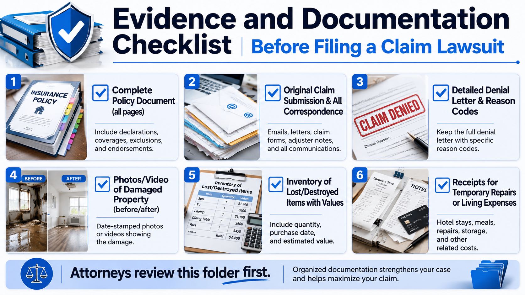 A checklist illustrating essential evidence and documentation required before filing a lawsuit against an insurance company.