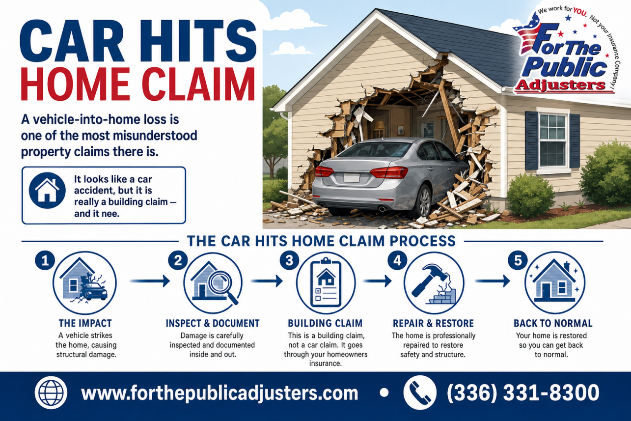 Car Hits Home Claim Elon, NC Infographic — A vehicle-into-home loss is one of the most misunderstood property claims there is. It looks like a car accident, but it is really a building claim — and it nee.