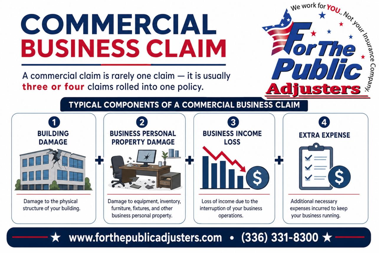 Commercial Business Claim Burlington, NC Infographic — A commercial claim is rarely one claim — it is usually three or four claims rolled into one policy. There is the physical damage to your building, the damage to.