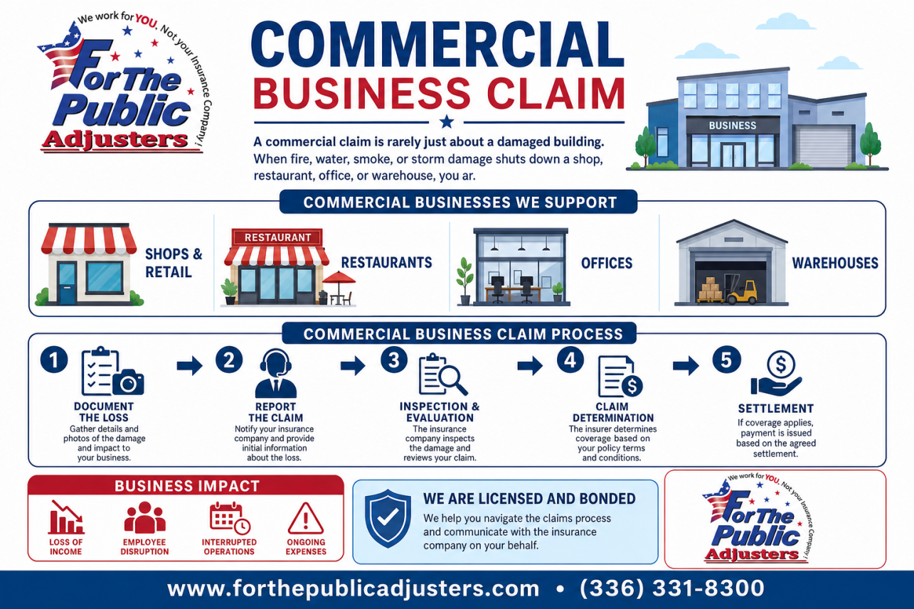 Commercial Business Claim Elon, NC Infographic — A commercial claim is rarely just about a damaged building. When fire, water, smoke, or storm damage shuts down a shop, restaurant, office, or warehouse, you ar.