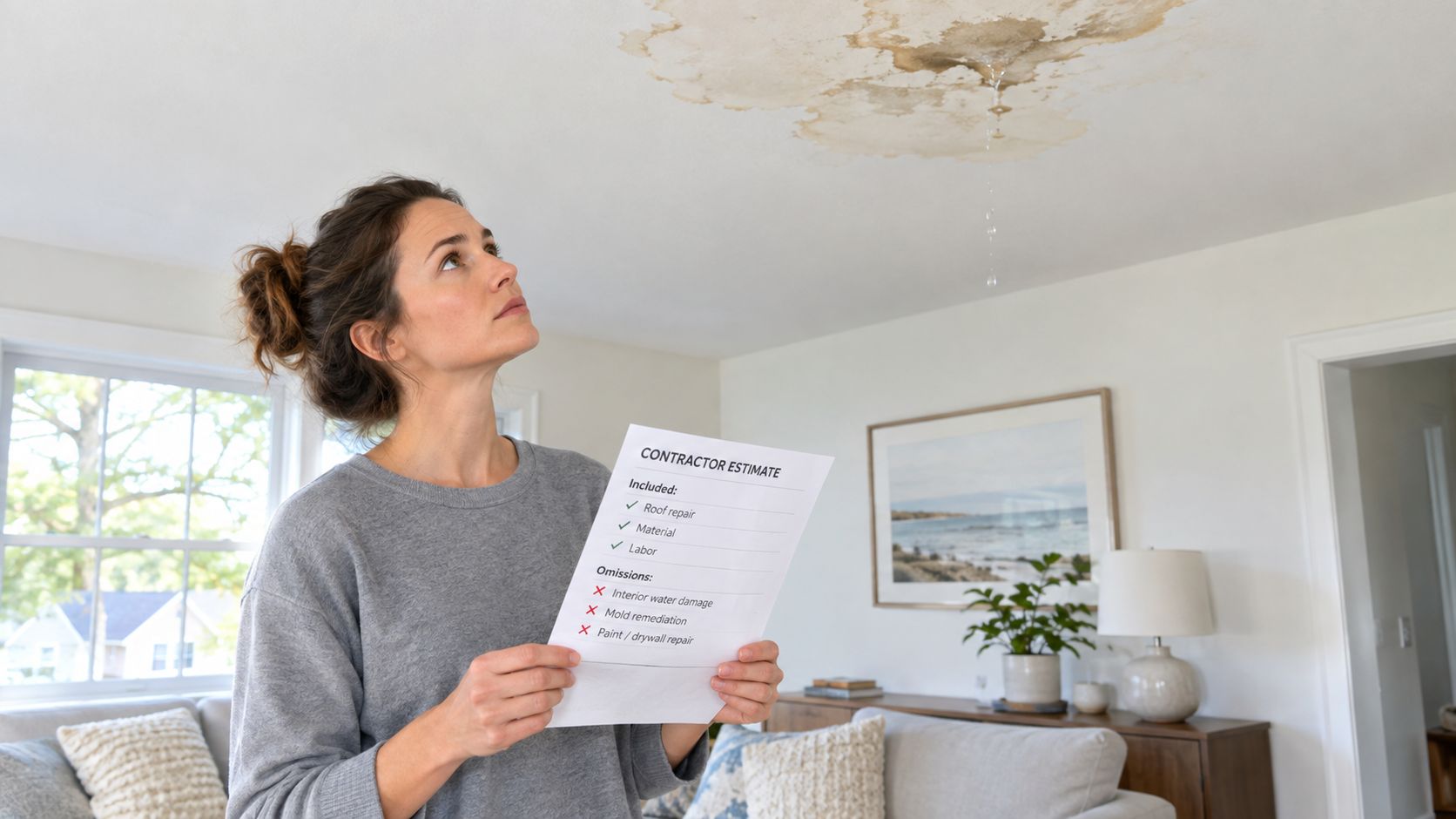 A woman holding a contractor estimate paper while looking up at a water-damaged leaking ceiling.