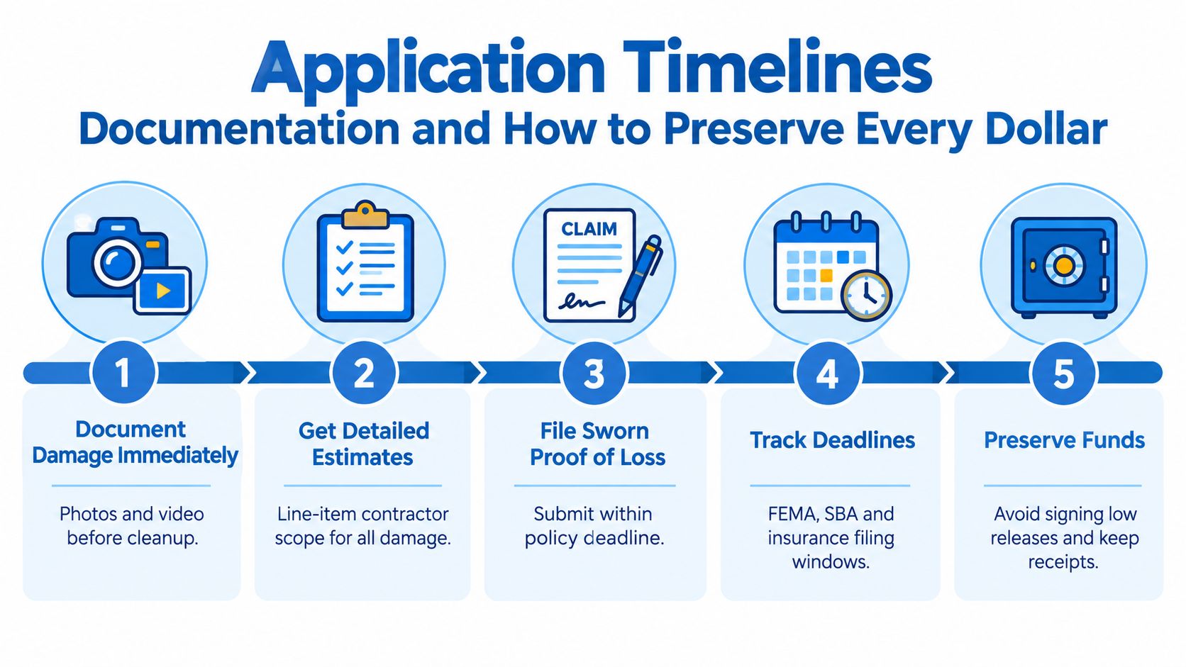 A step-by-step infographic titled Application Timelines, explaining how to document and manage disaster insurance claim funds.