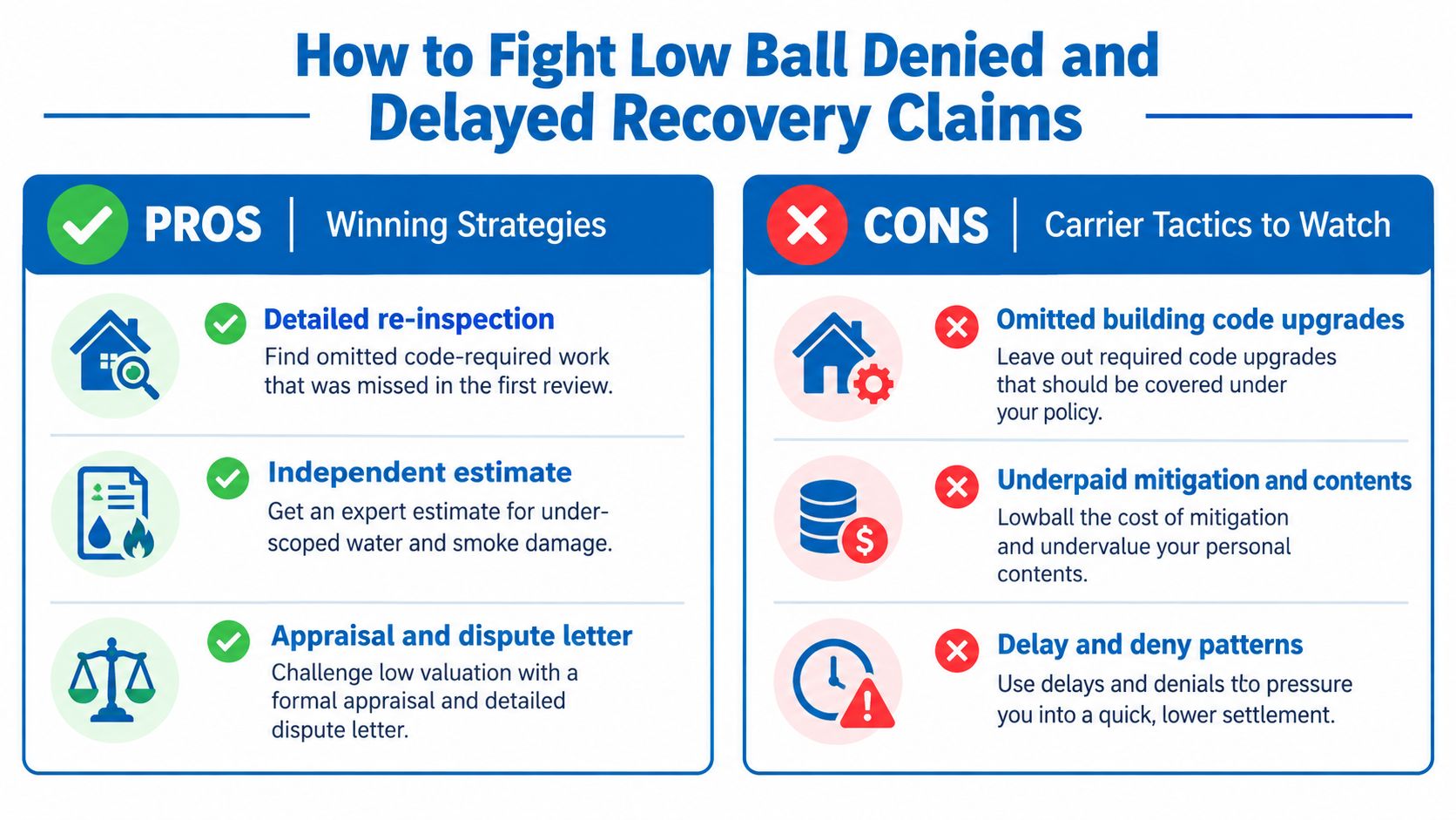 A guide showing winning strategies to fight denied or underpaid property insurance claims and common carrier tactics.
