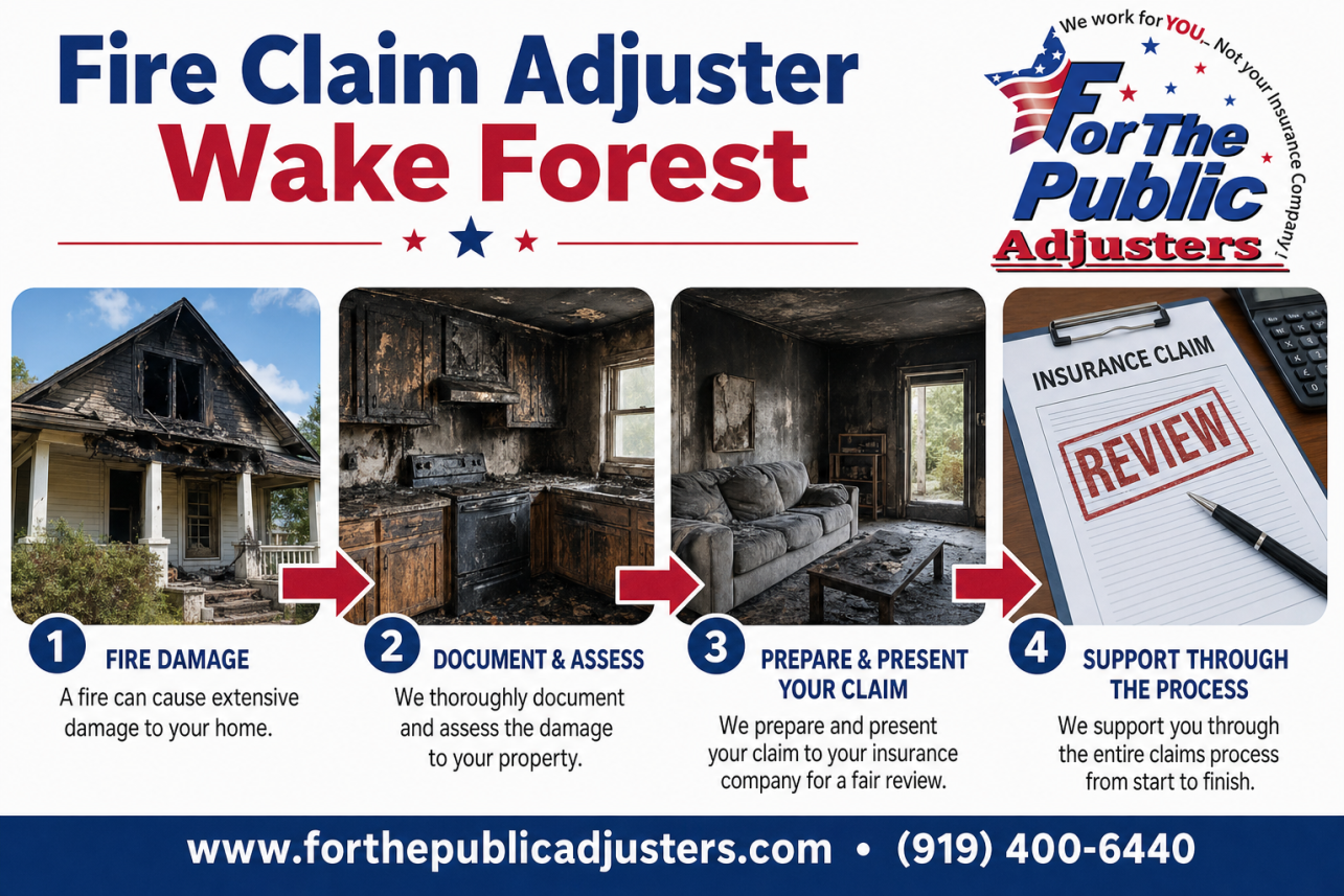Fire Claim Adjuster Wake Forest Infographic — After a fire, your insurance company sends its own adjuster. That person is paid by the insurer, and their estimate protects the insurer's interests. A public a.