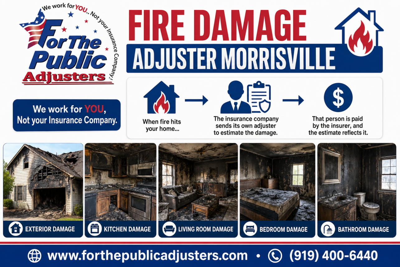 Fire Damage Adjuster Morrisville Infographic — When fire hits your home, the insurance company sends its own adjuster to estimate the damage. That person is paid by the insurer, and the estimate reflects it.