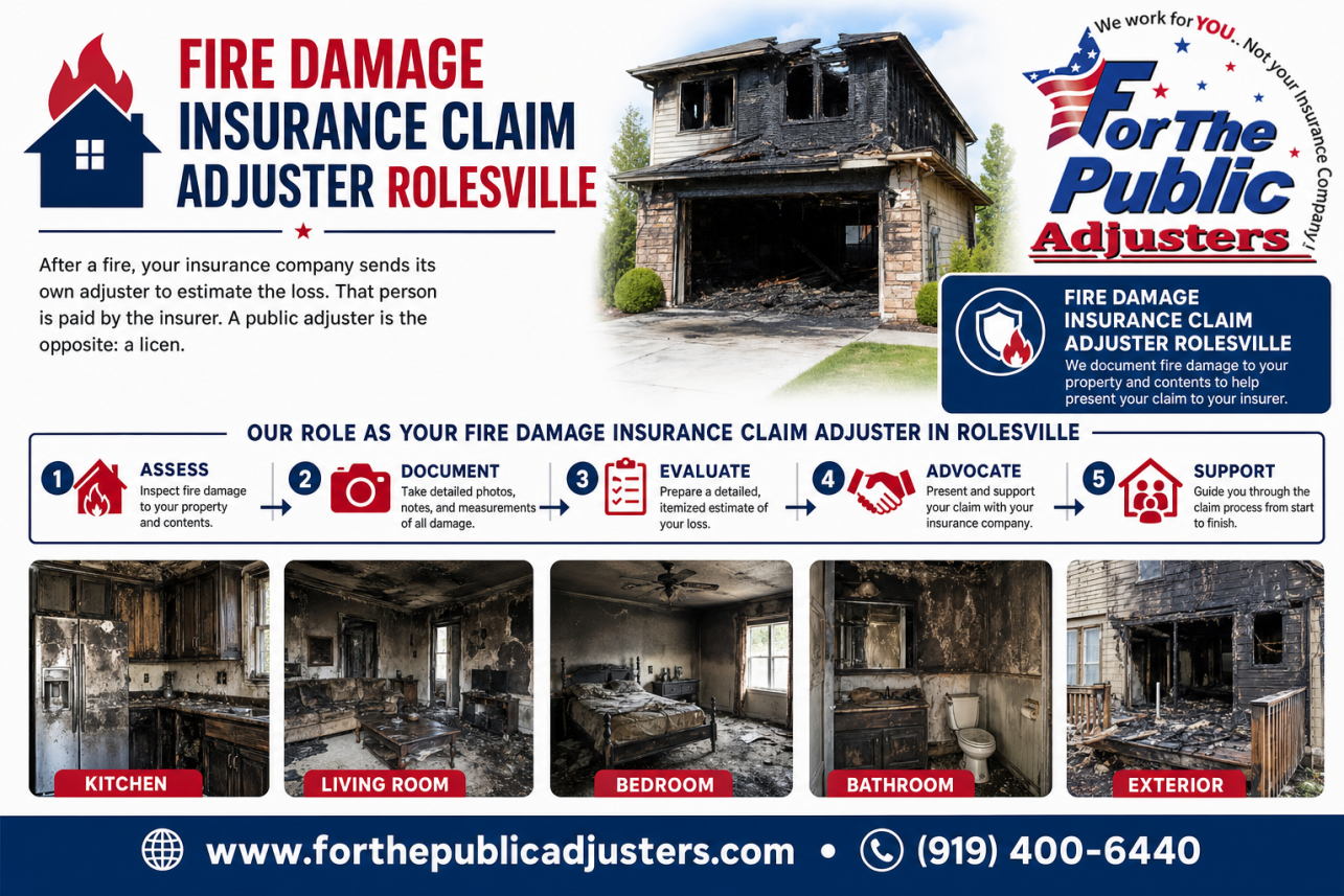 Fire Damage Insurance Claim Adjuster Rolesville Infographic — After a fire, your insurance company sends its own adjuster to estimate the loss. That person is paid by the insurer. A public adjuster is the opposite: a licen.