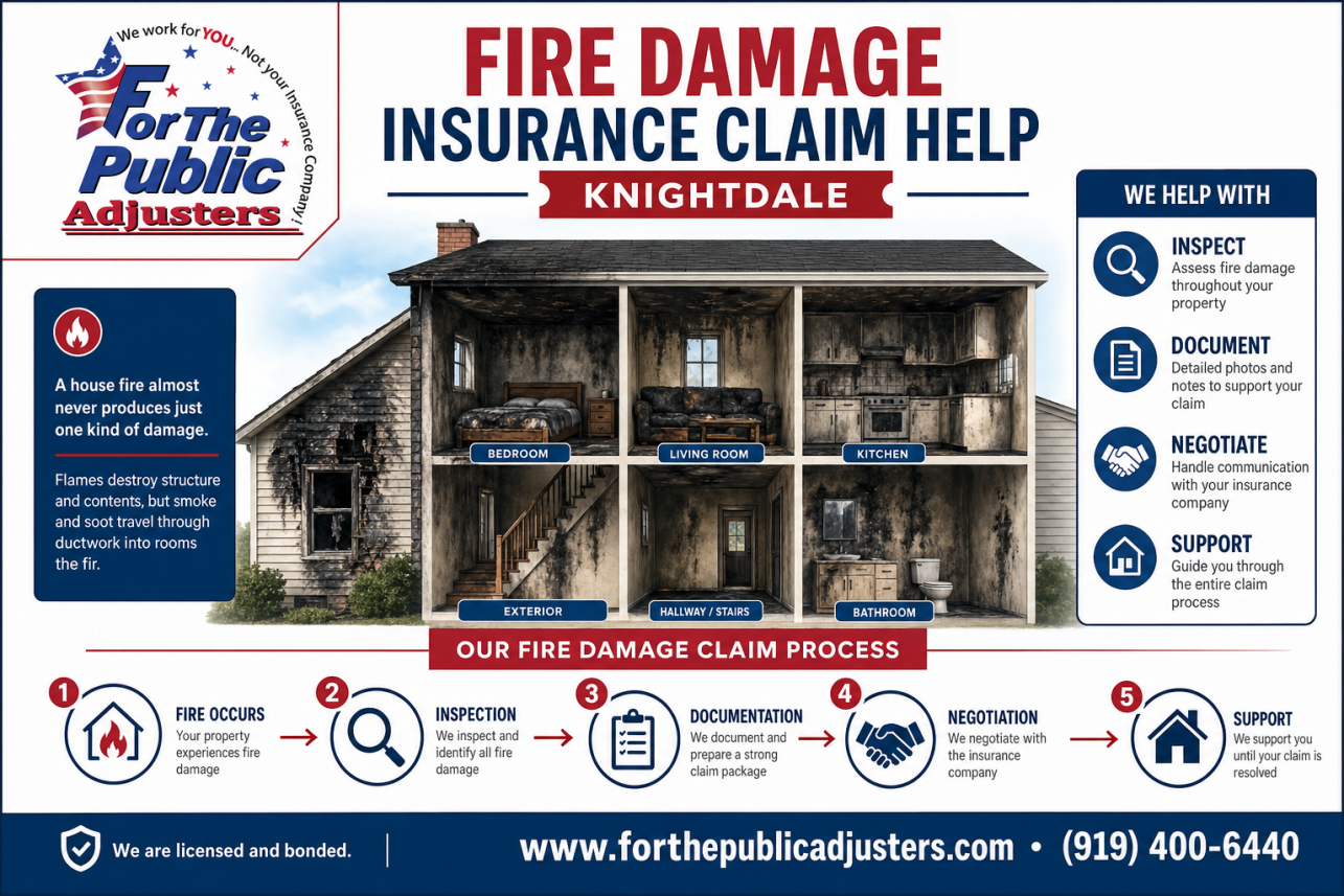 Fire Damage Insurance Claim Help Knightdale Infographic — A house fire almost never produces just one kind of damage. Flames destroy structure and contents, but smoke and soot travel through ductwork into rooms the fir.