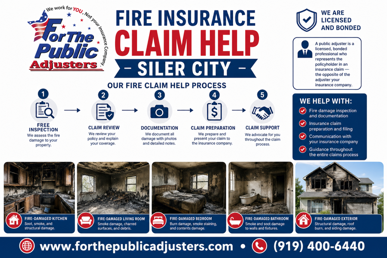 Fire Insurance Claim Help Siler City Infographic — A public adjuster is a licensed, bonded professional who represents the policyholder in an insurance claim — the opposite of the adjuster your insurance company.