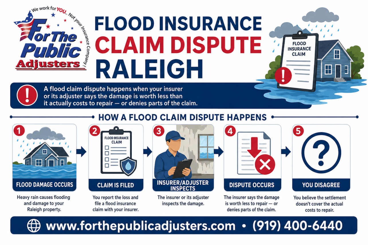Flood Insurance Claim Dispute Raleigh Infographic — A flood claim dispute happens when your insurer or its adjuster says the damage is worth less than it actually costs to repair — or denies parts of the claim en.