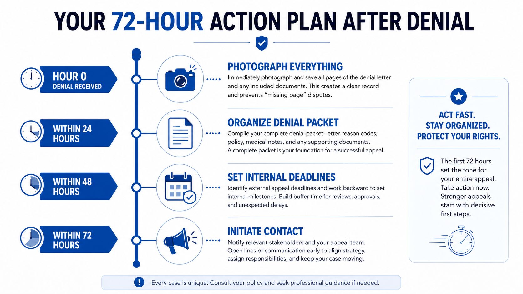 A 72-hour action plan infographic for handling an insurance claim denial with four chronological steps.