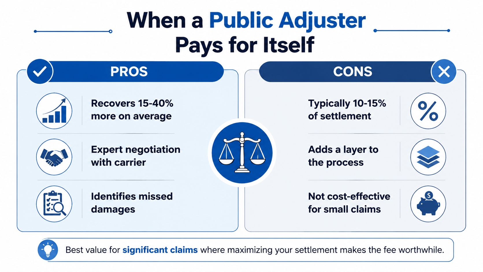 A comparison chart outlining the pros and cons of hiring a public adjuster for insurance claims.