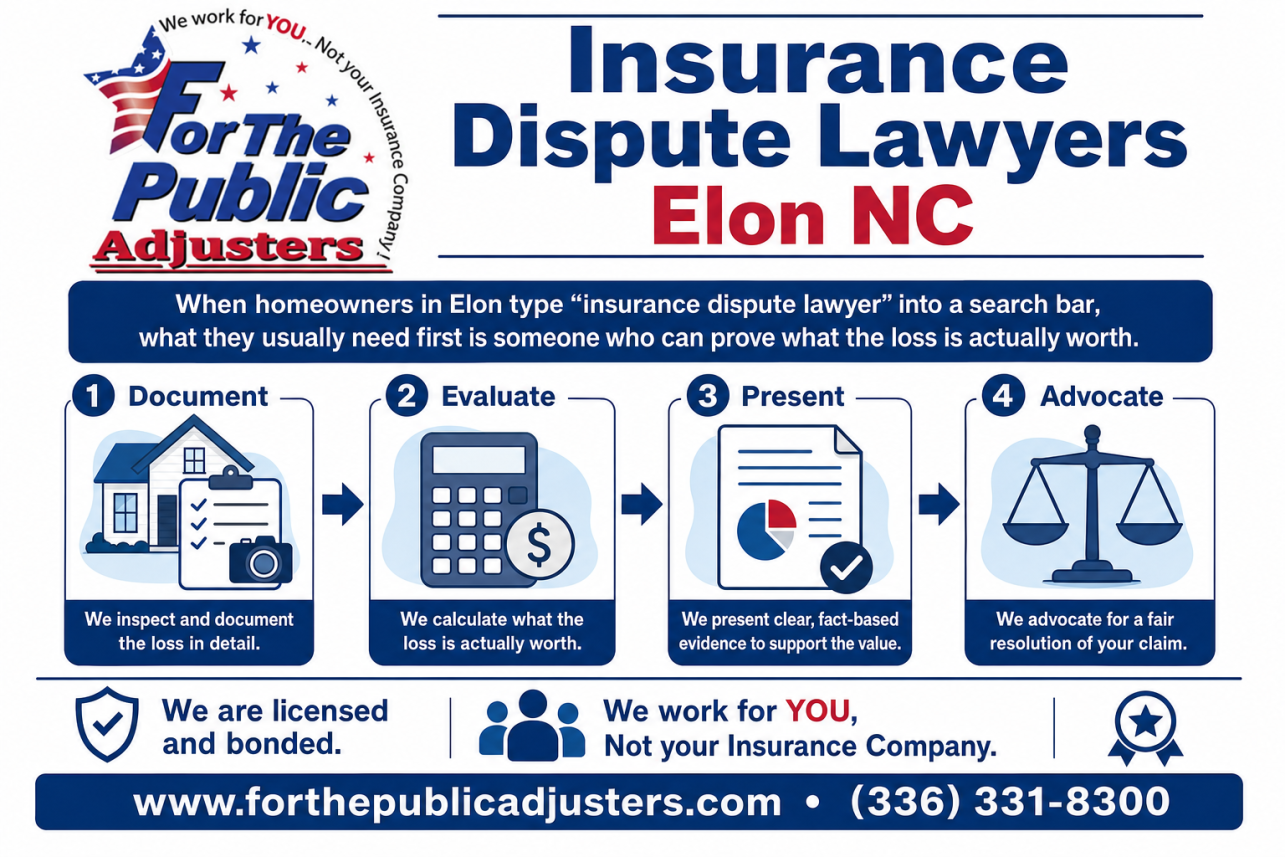 Insurance Dispute Lawyers Elon NC Infographic — When homeowners in Elon type "insurance dispute lawyer" into a search bar, what they usually need first is someone who can prove what the loss is actually worth.