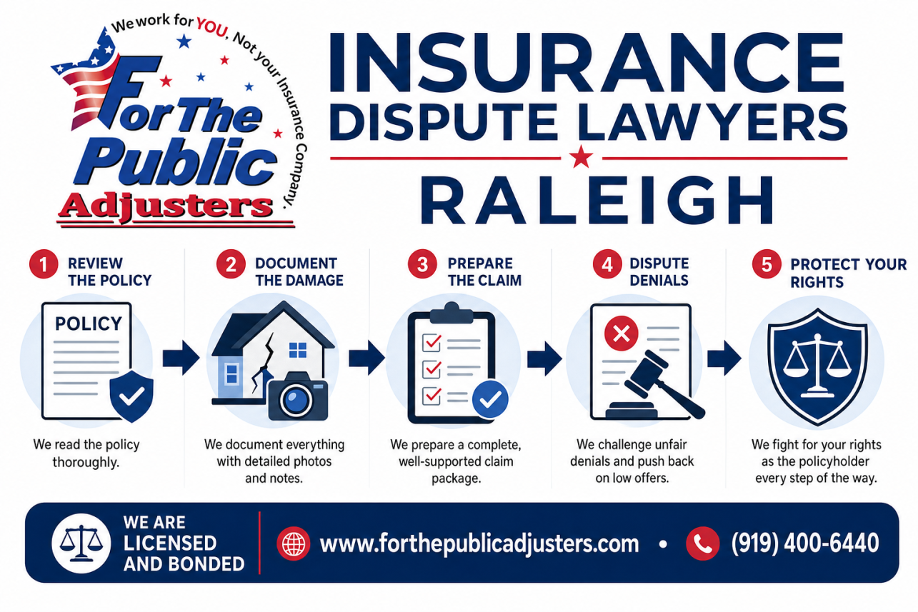 Insurance Dispute Lawyers Raleigh Infographic — A public adjuster is a state-licensed claims professional who works exclusively for you, the policyholder. We read the policy, document the damage, prepare a li.