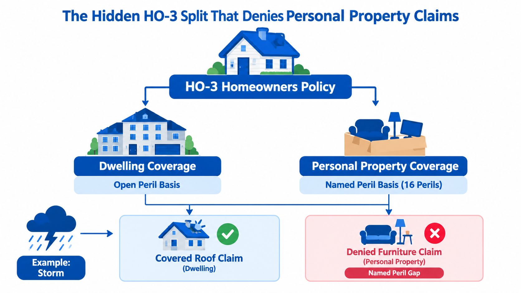 A diagram explaining how HO-3 homeowners insurance policies split coverage between dwelling open peril and named peril property.
