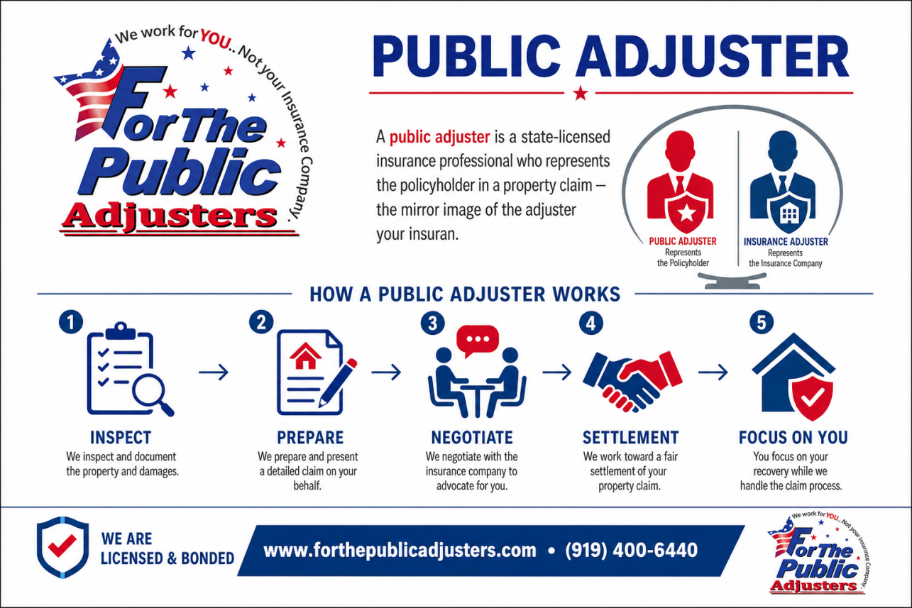 Public Adjuster Cary, NC Infographic — A public adjuster is a state-licensed insurance professional who represents the policyholder in a property claim — the mirror image of the adjuster your insuran.