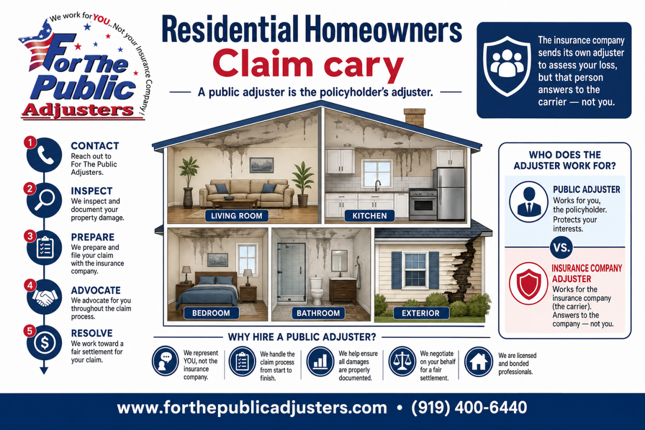 Residential Homeowners Claim Cary Infographic — A public adjuster is the policyholder's adjuster. The insurance company sends its own adjuster to assess your loss, but that person answers to the carrier — not.