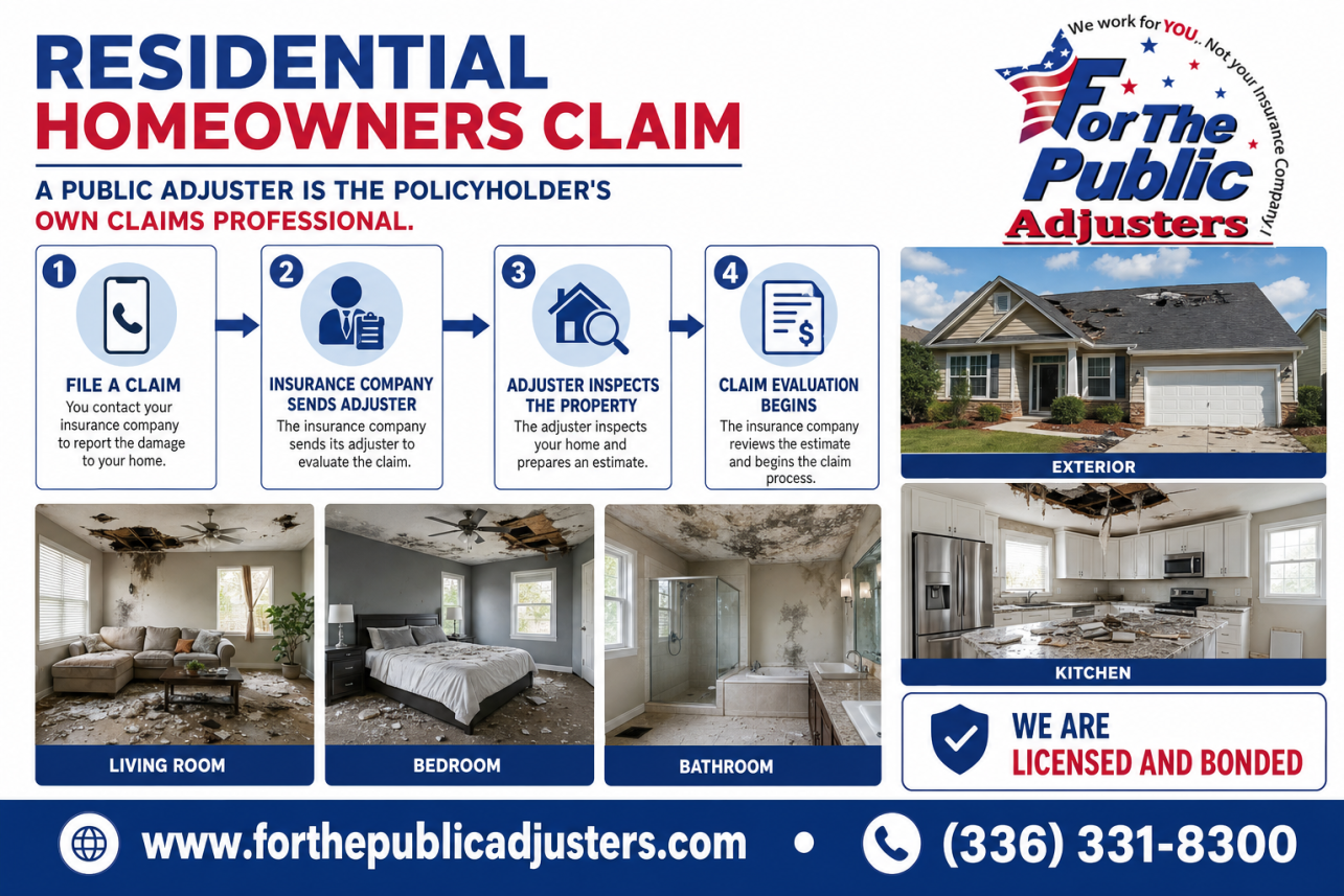 Residential Homeowners Claim Elon, NC Infographic — A public adjuster is the policyholder's own claims professional. When your home in Elon suffers damage, your insurance company sends its adjuster to evaluate th.