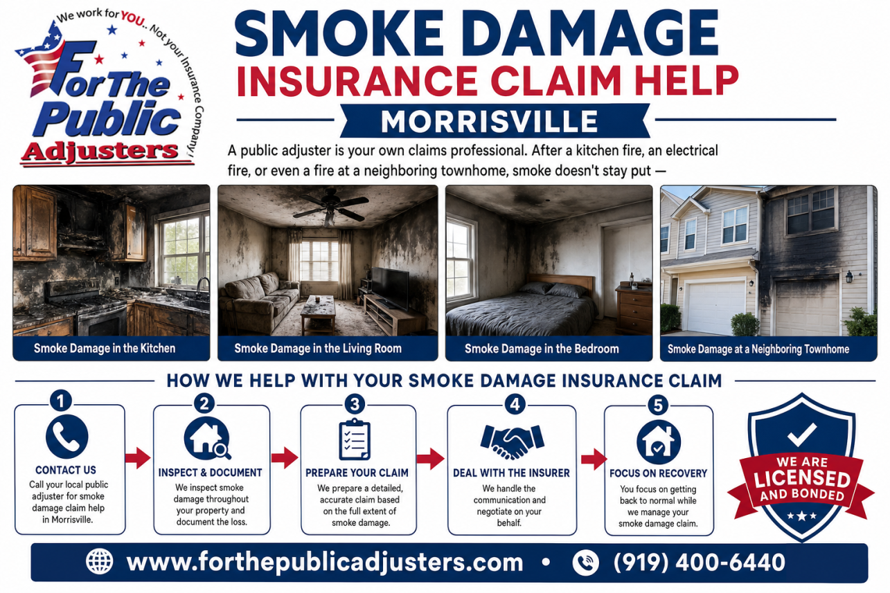 Smoke Damage Insurance Claim Help Morrisville Infographic — A public adjuster is your own claims professional. After a kitchen fire, an electrical fire, or even a fire at a neighboring townhome, smoke doesn't stay put —.