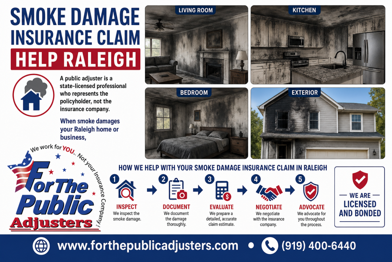 Smoke Damage Insurance Claim Help Raleigh Infographic — A public adjuster is a state-licensed professional who represents the policyholder, not the insurance company. When smoke damages your Raleigh home or business,.