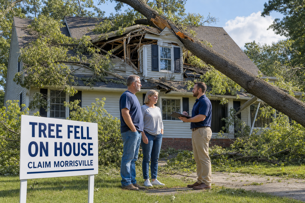 Tree Fell On House Claim Morrisville — Does homeowners insurance cover tree removal and roof repair after a tree hits my Morrisville home?.