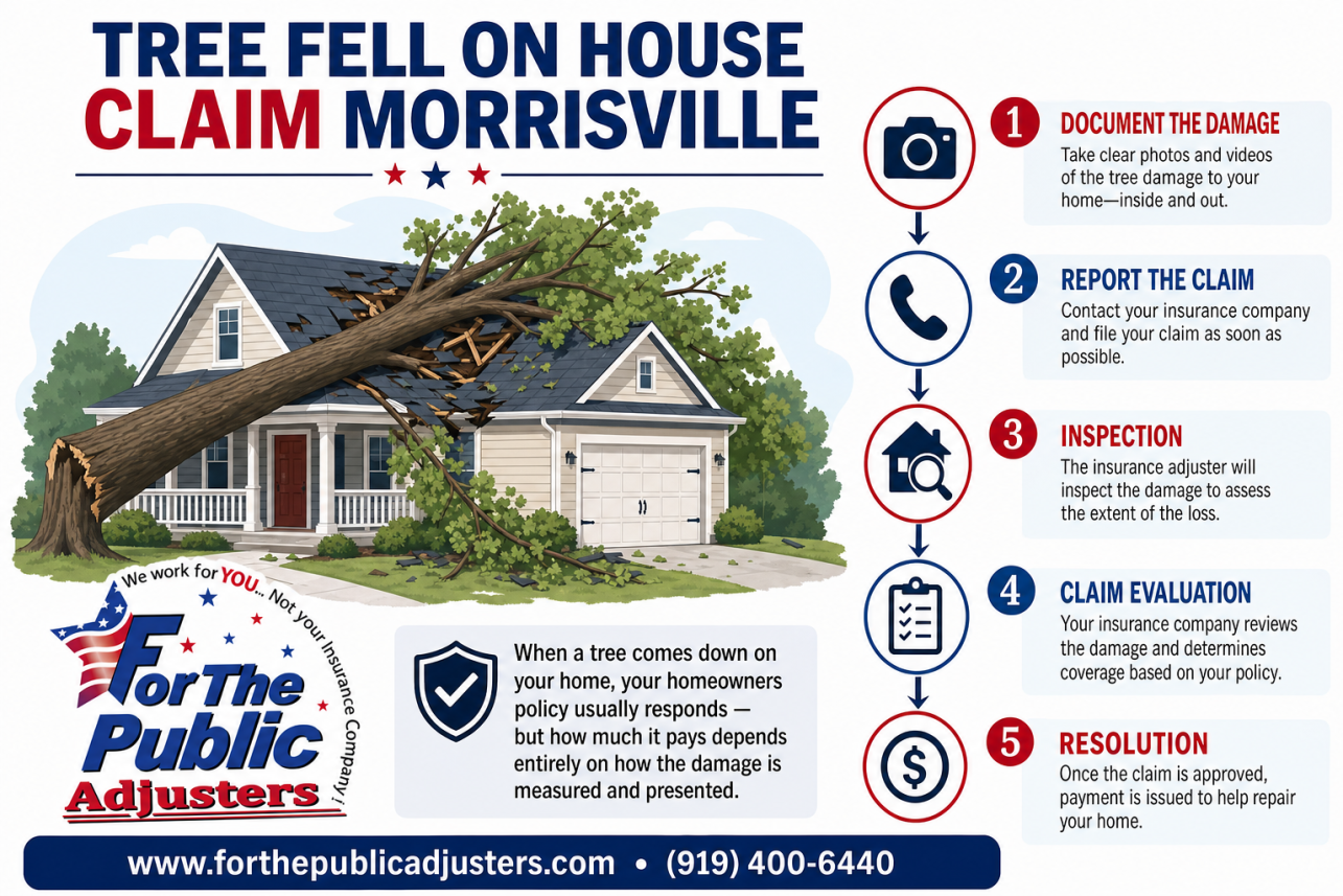 Tree Fell On House Claim Morrisville Infographic — When a tree comes down on your home, your homeowners policy usually responds — but how much it pays depends entirely on how the damage is measured and presented.