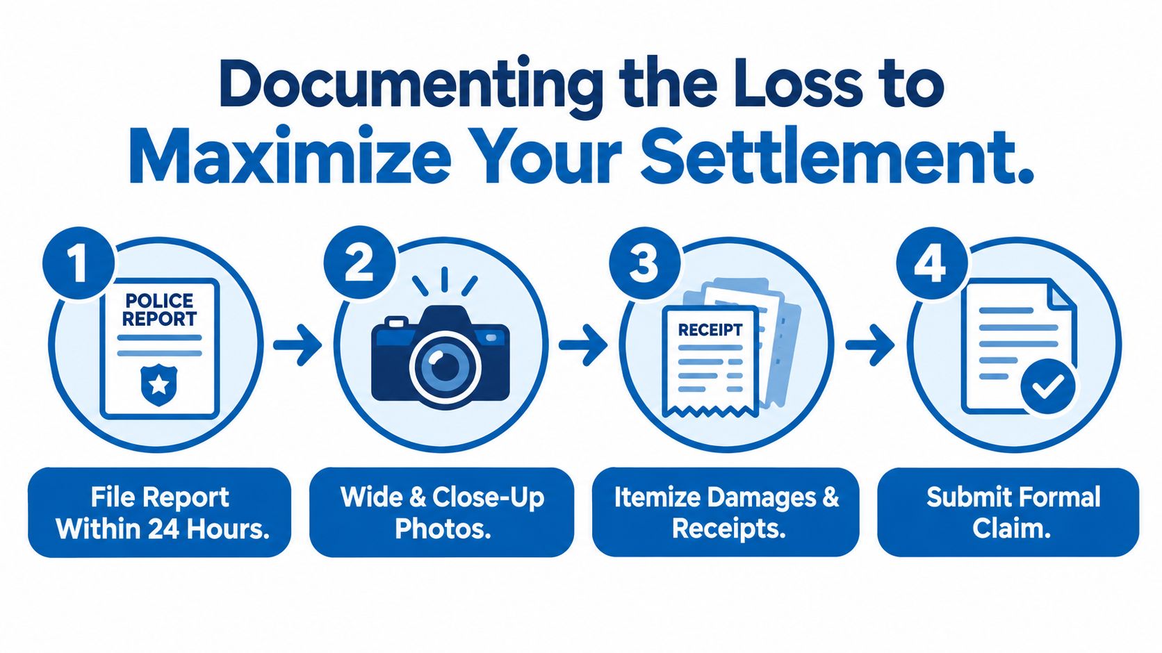 A four-step infographic illustrating the process of documenting property loss to maximize an insurance settlement claim.